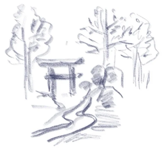 鳥居と木立、森の中を流れる川を描いた絵。