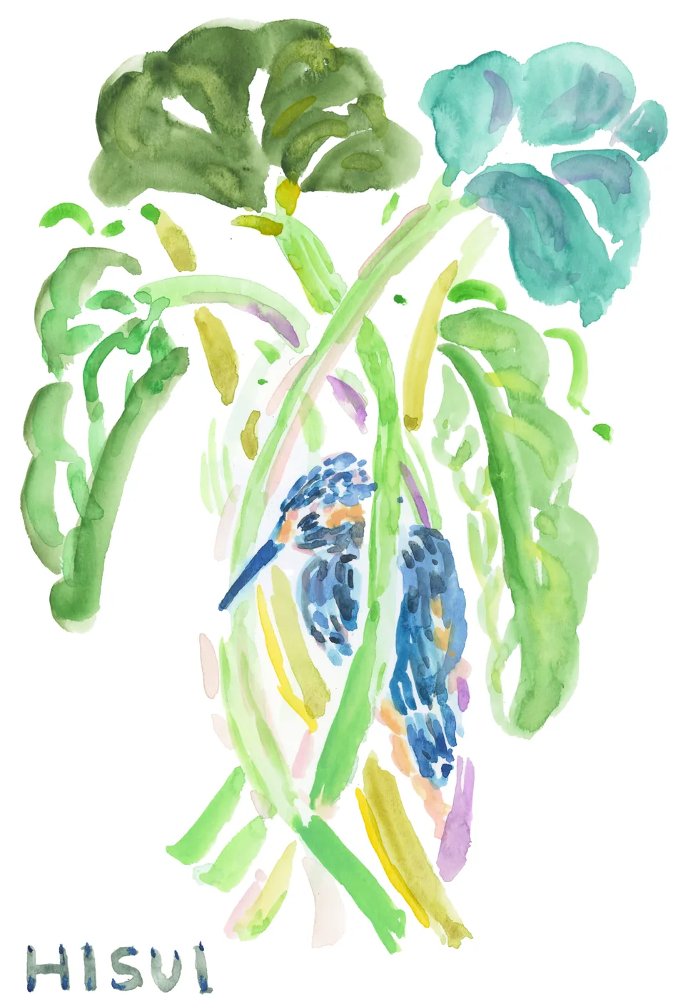 緑の茎と葉のあいだにとまる青い鳥を描き、下にHISUIと書かれた水彩画。