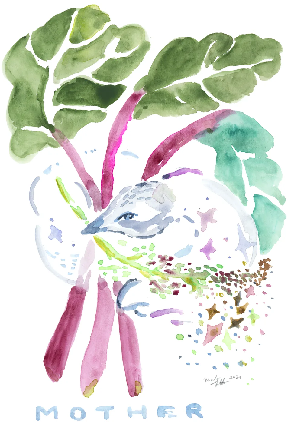 赤い茎と緑の葉のルバーブに囲まれて眠る白い鳥を描き、下にMOTHERと書かれた水彩画。