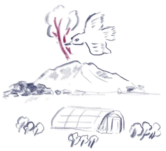 ルバーブをくわえて飛ぶ鳥と、山のふもとの温室と木々を描いた絵。