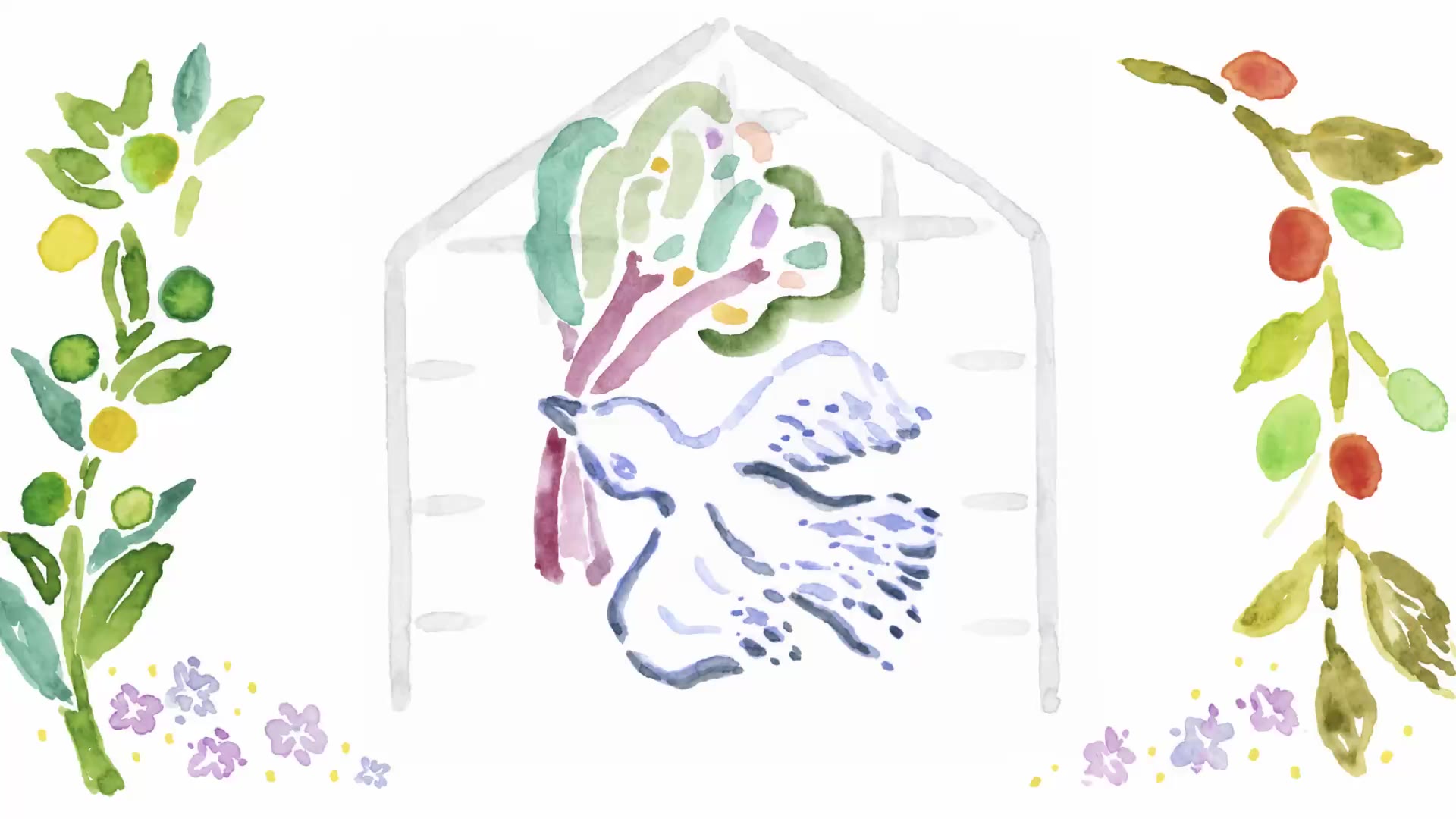 温室の中で、ルバーブの茎をくわえた青い小鳥。左右を草花に囲まれた水彩画。